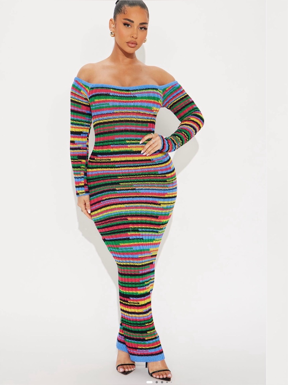 Off-Shoulder Multicolor Striped Knit Maxi Dress